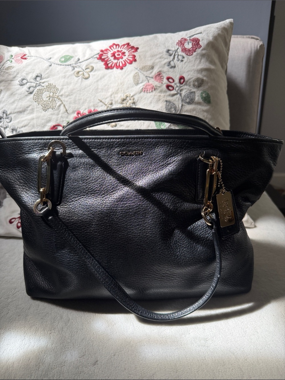 COACH Madison East West Black Pebbled Leather Shoulder Tote with Gold Hardware